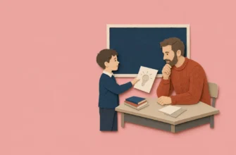 Бумажный коллаж: школьник показывает лист с идеей мужчине за партой у школьной доски, пудрово-розовый фон