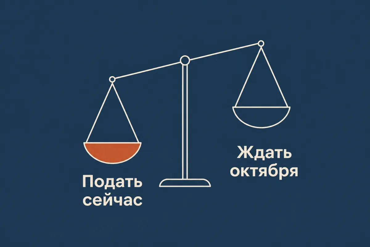 Весы, чаша «подать сейчас» перевешивает чашу «ждать октября»
